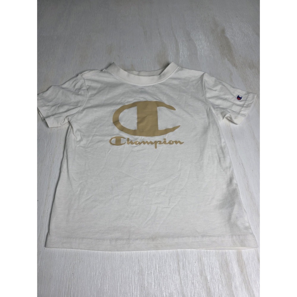 CHAMPION Kids 4 Crew Neck T-Shirt White Short Sleeve Gold Logo Top